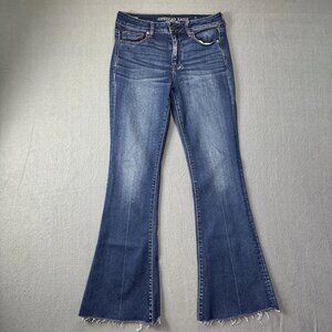 Women's blue high-waisted flared stretch jeans